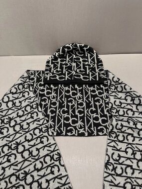 Calvin Klein Knit Scarf and Beanie Set - Black & White